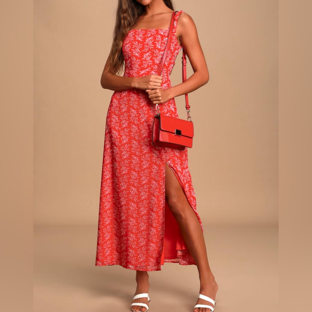 Lulus Red Midi Dress Size XLarge Backless Lace Up Floral Print Sleeveless‎